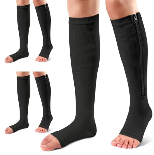 Ailaka 3 Paar Kompressionssocken mit Reißverschluss, 15-20 mmHg Kniestrümpfe für Damen und Herren, Offene Zehen-Design, Atmungsaktiv und Stützend (Schwarz, SM)