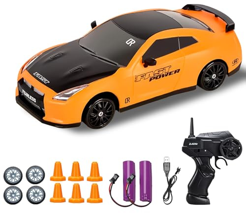 DYOUen RC Drift Car, 1:24 Rennen mit 4WD Ferngesteuertes Auto 2.4Ghz Spielzeugauto Rennauto mit Arbeitsscheinwerfern Austauschbare Reifen 2 Wiederaufladbare Batterie (gelb)