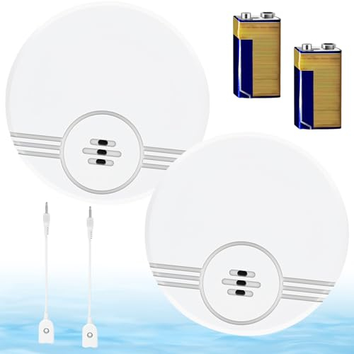 WIYETY 2 Stück Wassermelder, Wasseralarm mit Batterie, 135 dB Wasserwarner, Wasser Alarm, für Küchen, Fußböden, Keller, Badezimmer, Waschküche, Garagen