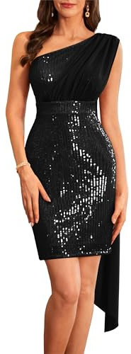 GRACE KARIN Robe de soirée à paillettes pour femme - Robe moulante à une épaule, Noir , 48