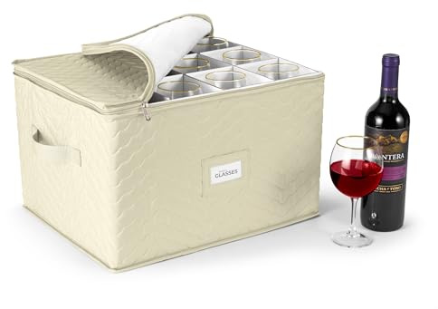 Sorbus Stemware Storage Cases (Quilted) Wine Glass Storage Box Case with Dividers and Handle - China Storage Containers Holds 12 Crystal Glassware, Red White Wine Glasses, Champagne Flutes, Goblets