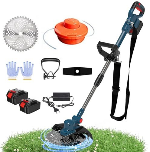 Débroussailleuse Electrique sans Fil 21V, Débroussailleuse Electrique 3-en-1, Coupe Bordure avec Batterie, 3 Lames, 1 Chargeur, Poignée Réglable, pour Jardin, Pelouse (Deux Piles)