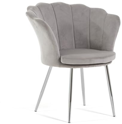 Fauteuil rembourré avec dossier en velours avec jambes chromées et coussin, fauteuil de salon, chambre à coucher et salle à manger Shelly (jambes Argent, Velours Gris clair)