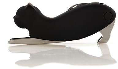 Qpractiko | Sacacorchos en forma de gato | Acero inoxidable pulido, negro | Espiral de teflón antiadherente, sistema de dos tiempos, cuchilla y abrechapas | Extracción suave y versátil