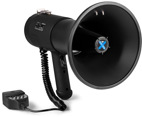 Vonyx MEG075 - Akku Megafon mit Sirene und Mikrofon, Bluetooth, Aufnahmefunktion, Leistungsstarkes 75W Megaphon mit Mikrofon, bis 1300 Meter, USB, SD, MP3 & AUX, Megaphon mit Umhänge-Gurt, Schwarz