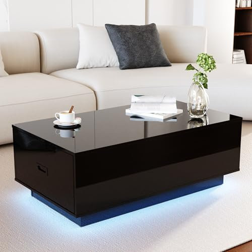 holzart 41 LED Coffee Table with 2 Drawers - High Gloss Black Modern Table with Lighting for Living Room (41.33 W x 23.62 D)