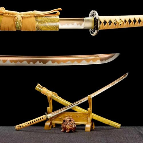 103,5cm handgefertigtes Samurai-Schwert,Klinge aus Manganstahl mit Gebackener goldener Prozess,Scheide aus massivem Holz mit Lack,echtes Katana für Weihnachten,Halloween,Sammeln,Geschenke,Kampfsport