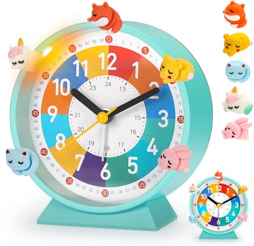 PIXESTT Reveil Enfant, Reveil Enfant Educatif Jour/Nuit IdéAl pour êTre à L’Heure à L'ÉCole, sans Bruit De Tic-Tac avec Fonction Snooze Et Veilleuse, Livré avec 5 Adorables DéCorations De RéVeil