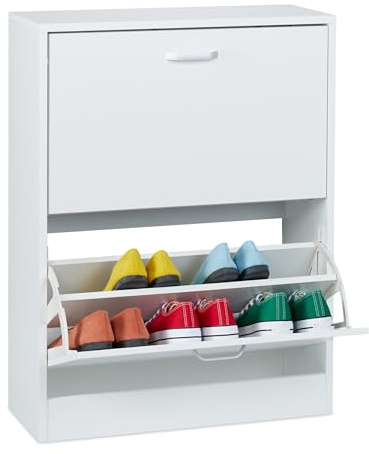 Relaxdays Schuhschrank, HxBxT: 79 x 60 x 24 cm, für 12 Paar, 2 Klappen, schmaler Schuhkipper, Flur Schuhkommode, weiß