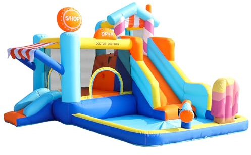 Castillo Inflable para Niños con Soplador, Parque Acuático Multifunción al Aire Libre con Tobogán, Trampolín, Fuente, Pistolas de Agua, Toldo para Tienda, Soplador de 450 W