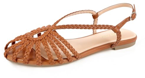 PIZZ ANNU Women's Sophia Braided Flat Sandals Comfortable Memory Foam Walking Shoes Summer Gladiator Slingback Ankle Strap Strappy Sandals, Brown 9
