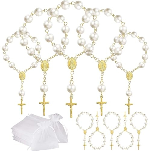 Juego de 10 mini rosarios de perlas de imitación con bolsas de organza para bautizo, bodas, primera comunión, recuerdos de fiesta (perla dorada)