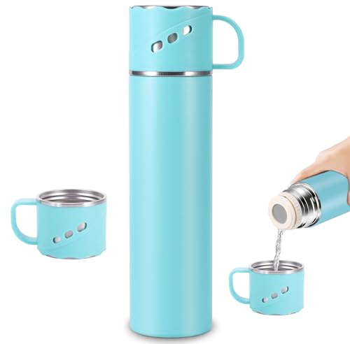 Flask for Hot Drink - 600ml Vacuum Flask, Stainless Steel Hot Water Bottle with Handle, BPA Free Leakproof Thermal Flasks Cup, Reusable Drinks Bottles for Coffee Water Sports Work Travel (Blue)