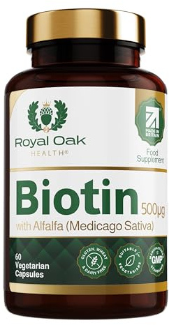 Royal Oak Health Biotin 500µg with Alfalfa (Medicago Sativa), 60 Vegan Capsules, 2 Month Supply - Made in The UK