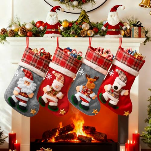 BUOAZR Calcetines Navidad Chimenea 4 Piezas, 40 cm Grande Medias de Navidad, Medias Navidad Bolsa de Regalo, Botas Navidad Chimenea, Calcetines para árboles de Navidad Decor