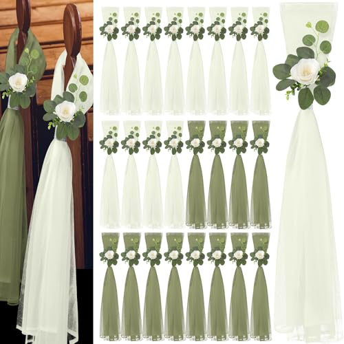 WGXX 24 Set Large Wedding Aisle Decorations 31.5inch for Chair Hydrangea/Gardenia Flowers with Long Tulle Tails, Church Pew Wedding Decor for Bench Bridal Shower Reception Restaurant Banquet (Green)