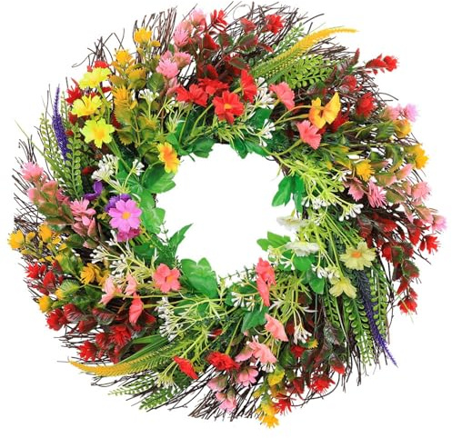 40 cm Wreath For Front Door, Artificial Wildflower Spring Summer Wreath for Front Door, Home Wall, Wedding, Festival, Farmhouse Holiday Decor