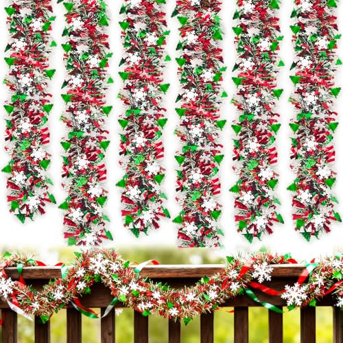 50 Feet Christmas Tinsel Garland with Snowflake Christmas Tree,Christmas Garland Decorations with Glitter Foil,Shiny Metallic Twist Garland for Xmas Tree,Home Mantle,Staircase Railing