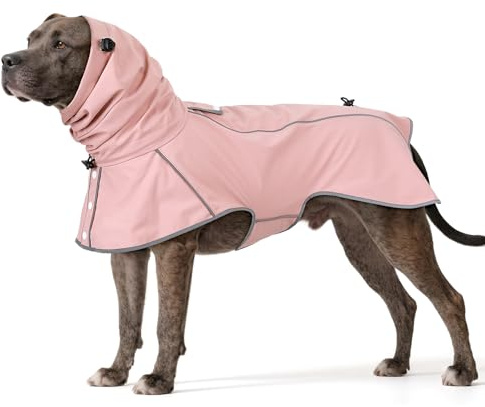 Ezierfy Reflective Dog Raincoat, Windproof & Waterproof Dog Rain Jacket, Adjustable Hooded Pet Poncho with Leash Hole for Small, Medium, Large Dogs(S-2XL) (Pink, Large)