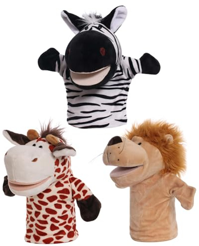 Trrymbbe Tierhandpuppen 3pcs 9, 84 Zoll weiche Plüschpuppen für Kinder, Open Mund Puppentheater für Geschichtenerzählen, Lehren, Vorschule, Rollenspiele