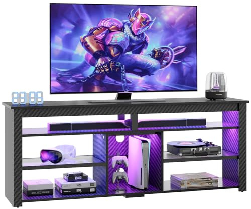 Bestier Meuble TV pour téléviseur 70 Pouces, Centre multimédia Haut avec 2 éclairages LED, Console de Jeux avec Rangement pour PS5, Meuble TV Moderne pour Chambre ou Salon, Fibre de Carbone Noire