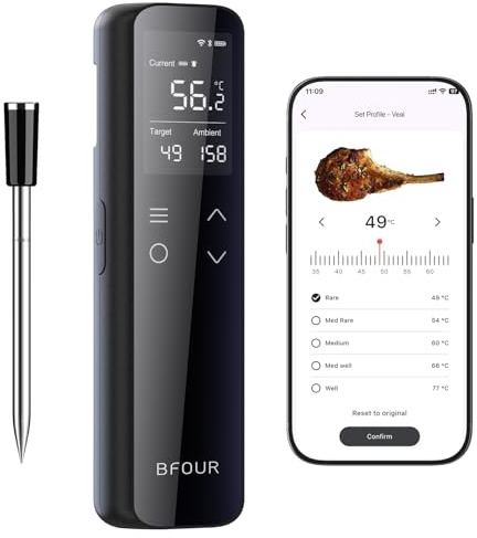 BFOUR WiFi Fleischthermometer kabelloses smartem eigenständigem Basis, Bluetooth Grillthermometer mit App-Steuerung,Bratenthermometer mit 6 Sensoren