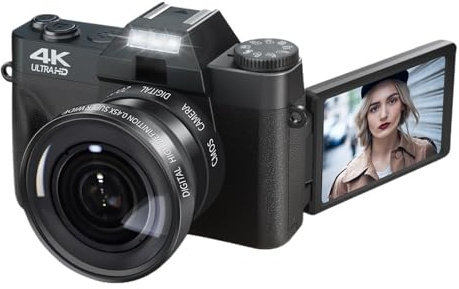 SXYGYWA Cámara Digital HD De 56MP, Videocámara Web 4K con WiFi, Grabadora Vídeo Vlog Vintage, Zoom 16X, Pantalla Abatible 3 Pulgadas Y 180 ° Gran Angular Imágenes Nítidas Detalladas(Black)