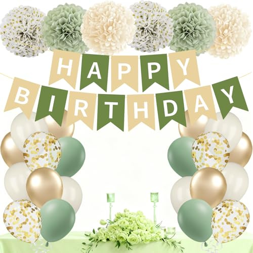 Geburtstagsdeko Grün, Retrogrün Gold Geburtstag Party Deko Set mit Happy Birthday Banner Luftballons Papier Pompoms für Baby Mädchen Junge Mann Frauen Geburtstags Dekoration