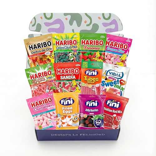 Pack Pack Caja Regalo de Chuches Premium +1 kg | 12 Tipos de Golosinas de Primeras Marcas | Regalo Original para Cumpleaños, Amigos y Pareja