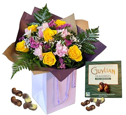 Astonishing Fresh Bouquet Yellow Roses Purple Limonium, Bright Flowers | Distinctive Floral Celebration Birthdays, Thank You, Anniversary, Autumn Arrangement, Mum (chocolate)