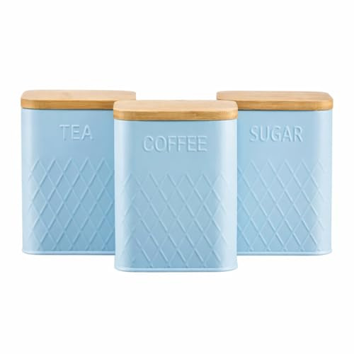 Cooks Professional 3 Piece Embossed Tea, Coffee & Sugar Cannister Set with Bamboo Lids | Diamond Pattern Labelled Stainless Steel Kitchen Storage Bins Airtight Containers | Blue