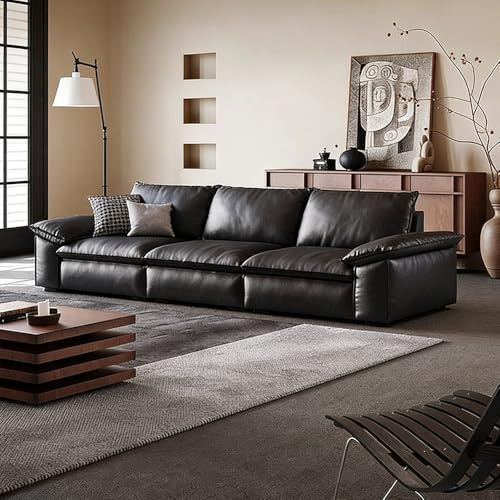 Italiensk modern minimalistisk svart lädersoffa, massiv träram, rymlig och mjuk soffa, modern stor storlek, lämplig för vardagsrum/kontor/lägenhet.