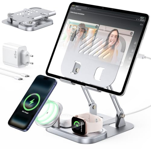 Meifigno 5-in-1 Induktive Ladestation mit 30W USB-C für Apple GERÄTE | Faltbar, Tablet Halterung, MagSafe-Kompatibel, Ladegerät für iPhone 17 16 Pro Max/Apple Watch/AirPods/iPad, mit 65W Adapter