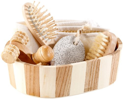 newgen medicals Sauna Zubehör: 6-teiliges Badeset aus Naturmaterialien (Wellness Badeset, Badebürste, Hornhautentferner)