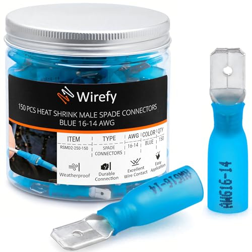 Wirefy 150 PZ Connettori Forcella Maschio - Kit Capicorda Termoretraibili - Terminali Elettrici - Blu 1,5-2,5 mm²