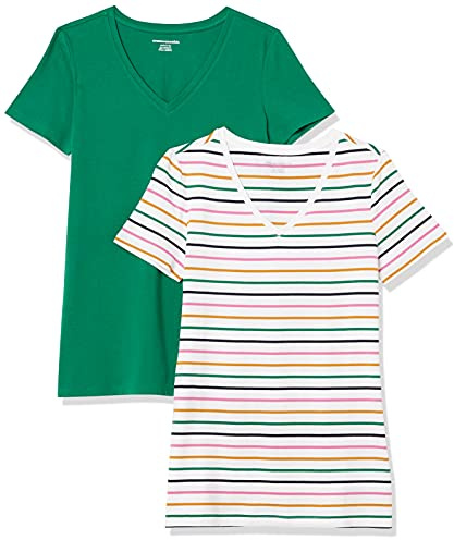Amazon Essentials Camiseta de Manga Corta con Cuello en Pico y Corte Recto Mujer, Pack de 2, Blanco Rayas/Verde, XL