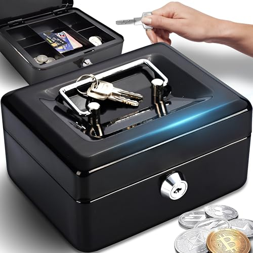 Retoo Geldkassette Abschließbar 15 x 12 x 8cm mit Münzgeldeinsatz & 2 Schlüssel aus pulverbeschichtetem Stahl, Feuerschutzkassette mit versenkbarer Griff & Sicherheits-Zylinderschloss (Schwarz)