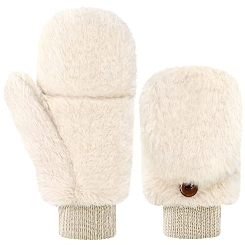 Geyoga Guanti Senza Dita in Peluche Sintetica Guanti Convertibile Invernali Caldo Morbido Guanti Pelliccia per Donna (Beige Bianco)