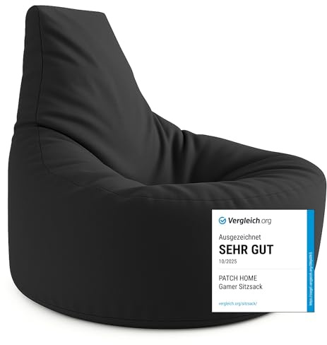 PATCH HOME Gamer Kissen & Lounge Sitzsack – befüllbar mit Reißverschluss, gefüllt mit Styropor, geeignet für In- & Outdoor. Perfekt als Gaming Sessel Sitzkissen (Schwarz, Ø 65cm x Höhe 70cm Junior)