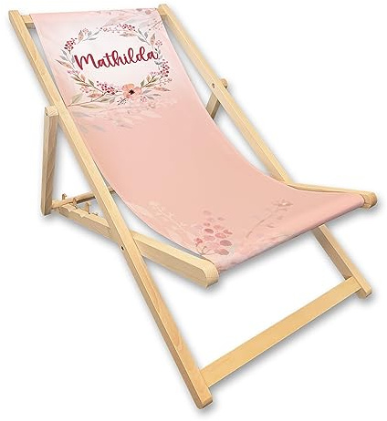 Unikatolo Kinder-Liegestuhl mit Name personalisiert, Strandstuhl in rosa, Geschenkidee für Mädchen zum Geburtstag, Einschulung oder Einzug, Kinderzimmerdeko (Blumen rosa)