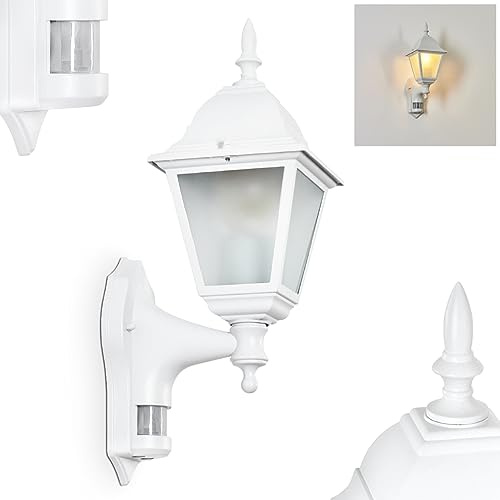 HOFSTEIN Außenwandleuchte Naofe, Außenwandlampe mit Bewegungsmelder aus Metall/Milchglas in Weiß, Wechselscheiben Klar, Wandleuchte im Retro-Stil, E27, IP44, Eingangsbereich, Haustür, Hof