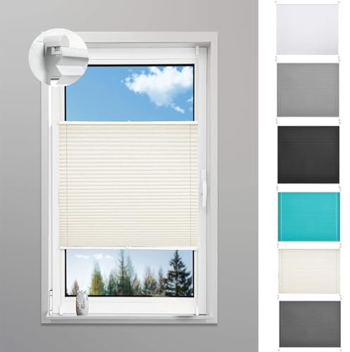 Thermo Plissee Ohne Bohren 105 x 220 cm Blickdicht - Sichtschutz - Sonnenschutz Plisee Rollo Ohne Bohren Inkl. Aller Montage-Teile für Fenster & Tür, Beige