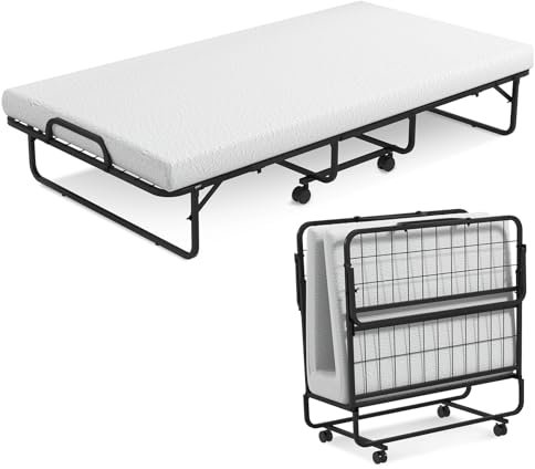 Multigot Folding Bed with 10cm Thick Memory Foam Mattress and Wheels, Portable Metal Frame Single Guest Mobile Sleeper Bed for Home Office Camping