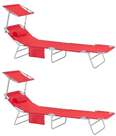 SoBuy 2-er Set Sonnenliege klappbar Gartenliege mit Sonnendach & Kopfkissen & Seitentasche Strandliege für Balkon 155x56x81cm für Gartenmöbel Terrasse Camping Rot OGS48-Rx2