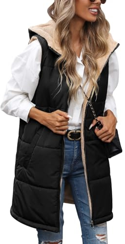 Tuopuda Gilet Donna Lungo in Pile, Smanicato Invernale con Cappuccio, Cappotto Senza Maniche Termico Giubbotto Imbottito Giacca con Cerniera e Tasche, Nero, XXL