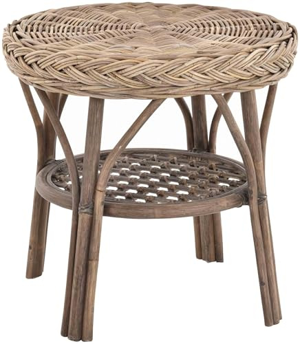 Korb-Outlet Rattan-Tisch/Beistelltisch Rund/Couchtisch Rattantisch Ablage (Grau Natur)
