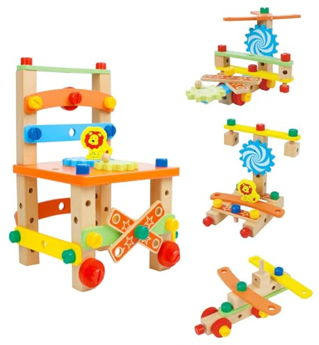 Little Frog Toys Wooden DIY Chair, Nuts and Bolts Construction Toys Set, Multifunctional Assembling Kids Chair, Wooden Sensory Toys, Montessori Toys for 3 Year Olds, Kids Outdoor Toys