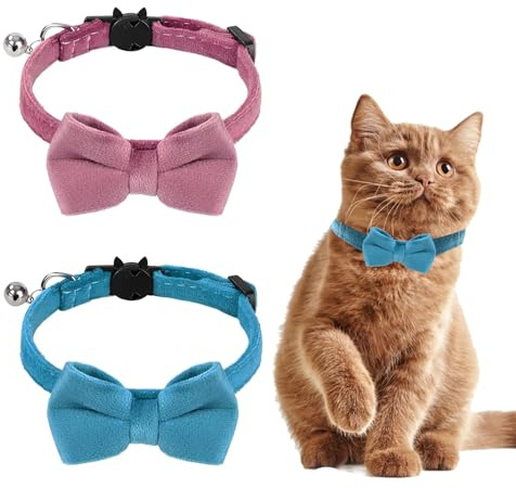2 Pezzi collare gatto Collare per gatti in velluto con campana e papillon,regolabile per gatti separati,gattino piccolo cucciolo di sicurezza papillon solido colore di collare per papillo per gatt