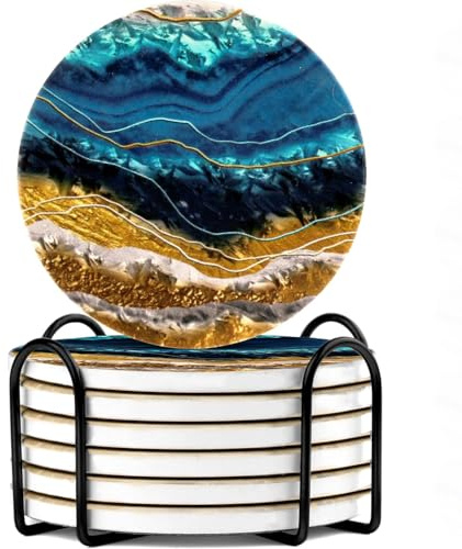 TIED RIBBONS Coasters Set of 6, 4 Inch | Marble Ceramic Coaster With Holder and Cork Base | Absorbent Coasters for Drinks Tabletop, Housewarming Gifts, Wedding Party, Christmas