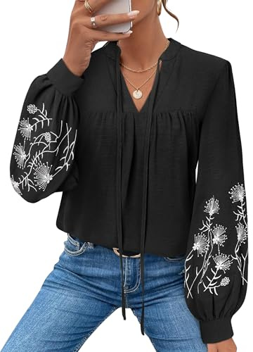LOOKBOHO Womens Dressy Casual Boho Tops Embroidered V Neck Trendy Puff Long Sleeve Peplum Blouses Black XL